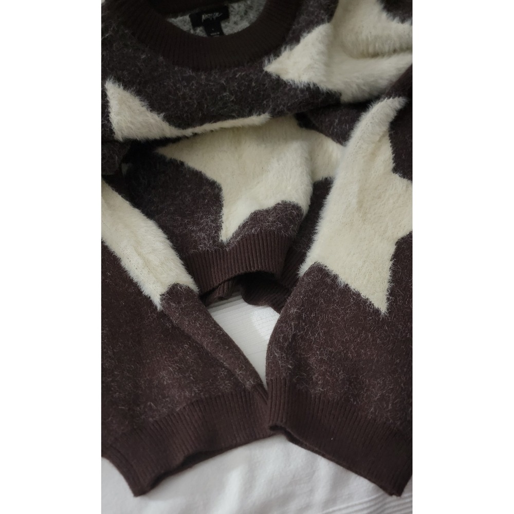 Nasty Gal Oversized Star Print Fuzzy Knit Sweater Brown Cream Large - Picture 4 of 5
